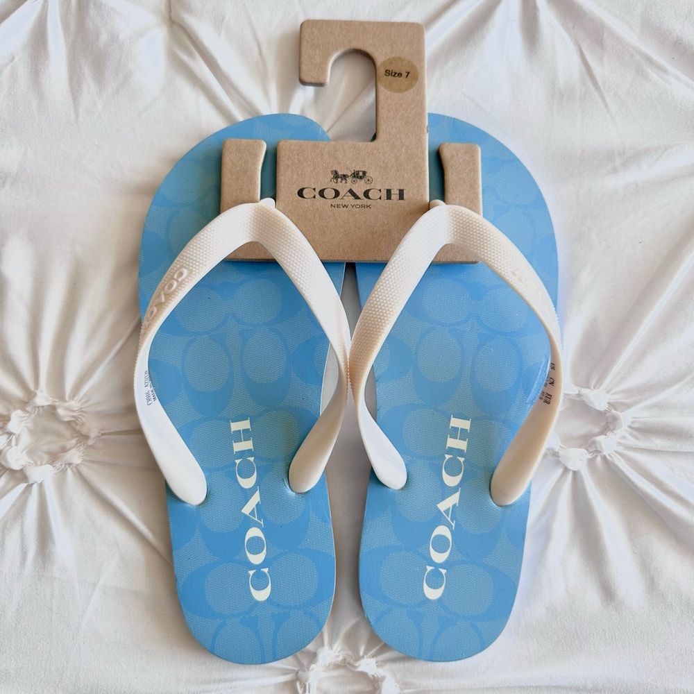 Coach Light Blue Flip Flops with White Straps